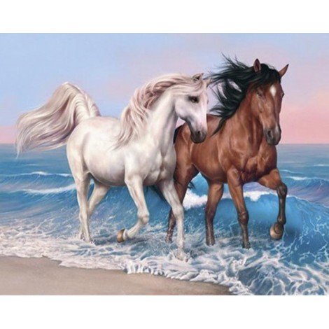 Diamond painting paarden op het strand