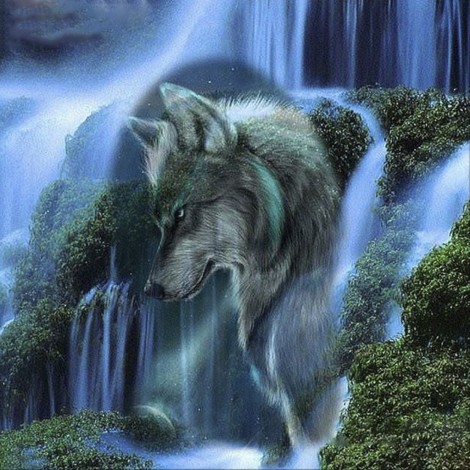 Diamond painting wolf bij waterval